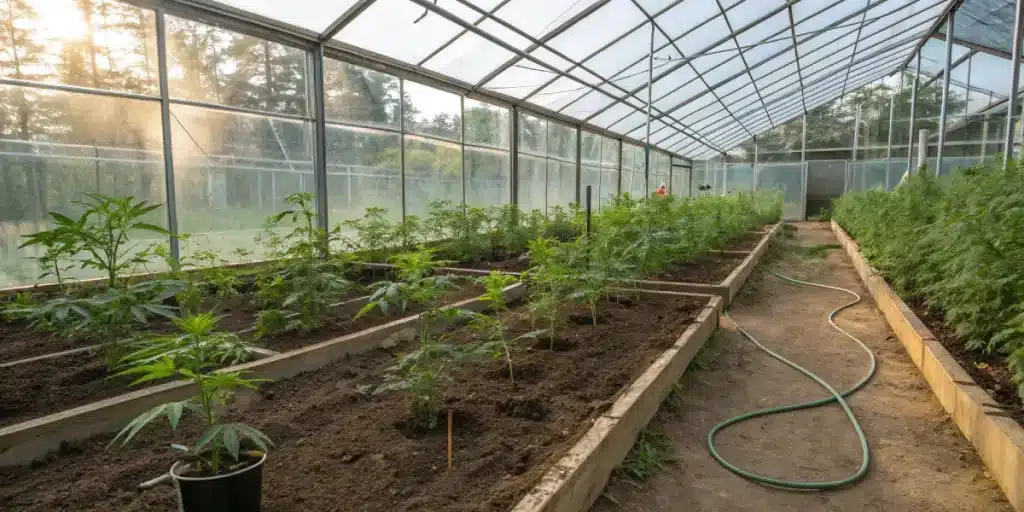 culture de cannabis en serre avec sol et système d’irrigation
