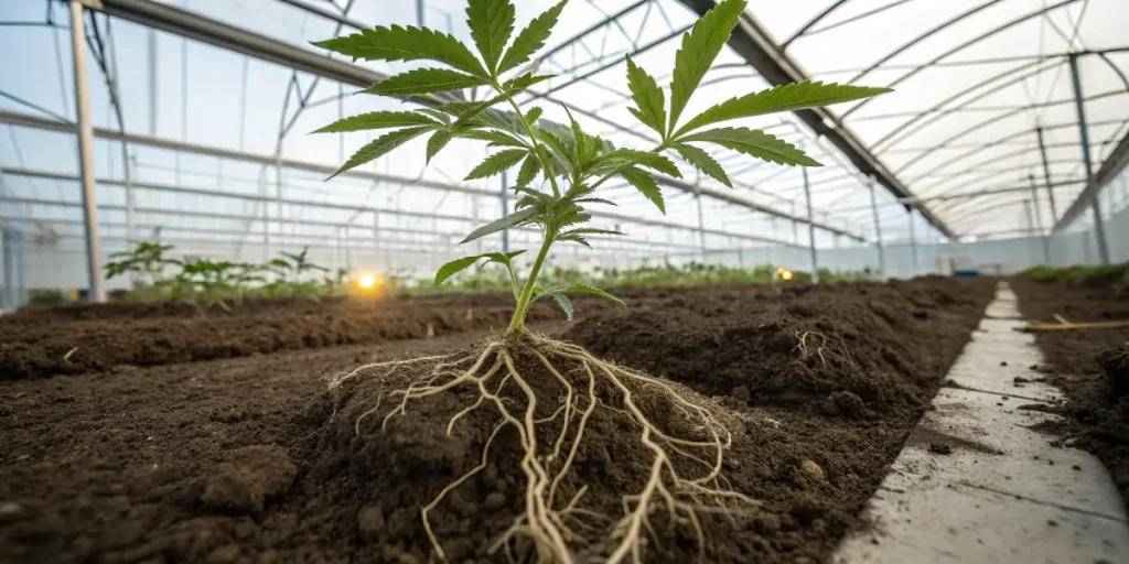 système racinaire du cannabis dans un sol de serre