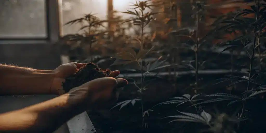 mains tenant de la terre pour culture de cannabis en intérieur