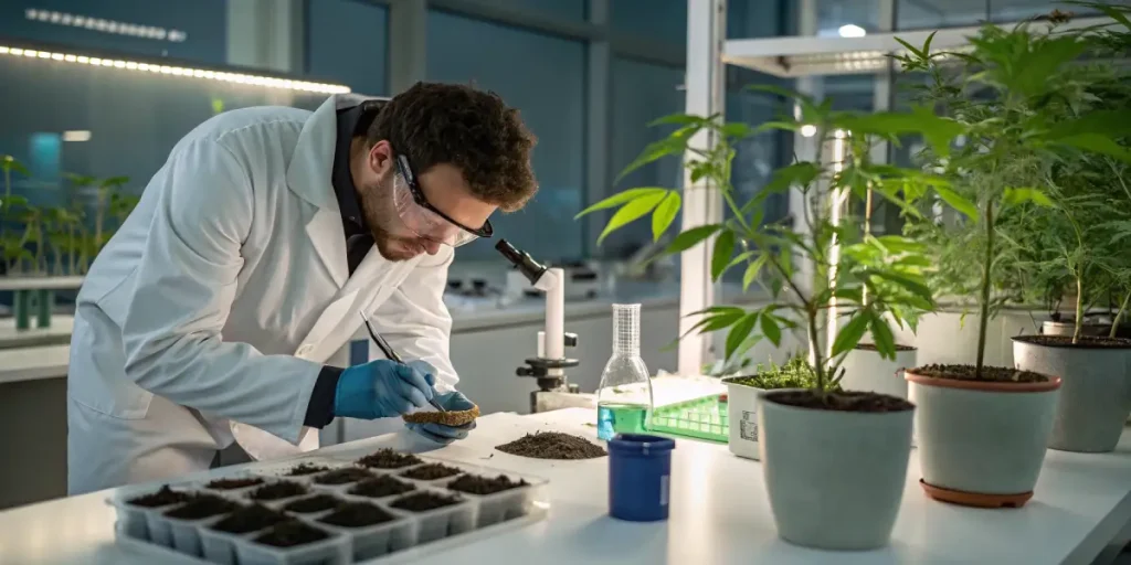 chercheur testant des nutriments du sol pour plantes de cannabis