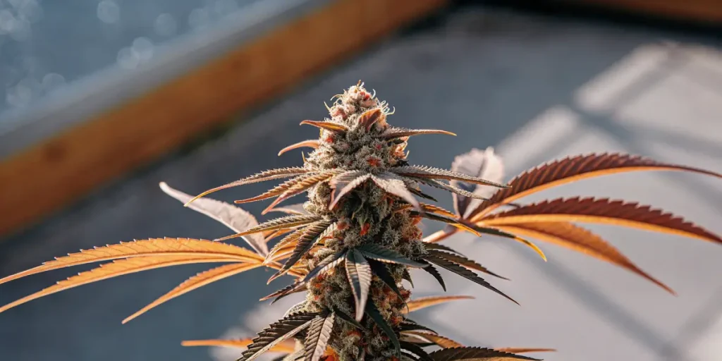 Tete de cannabis en floraison avancee avec feuilles orangees.