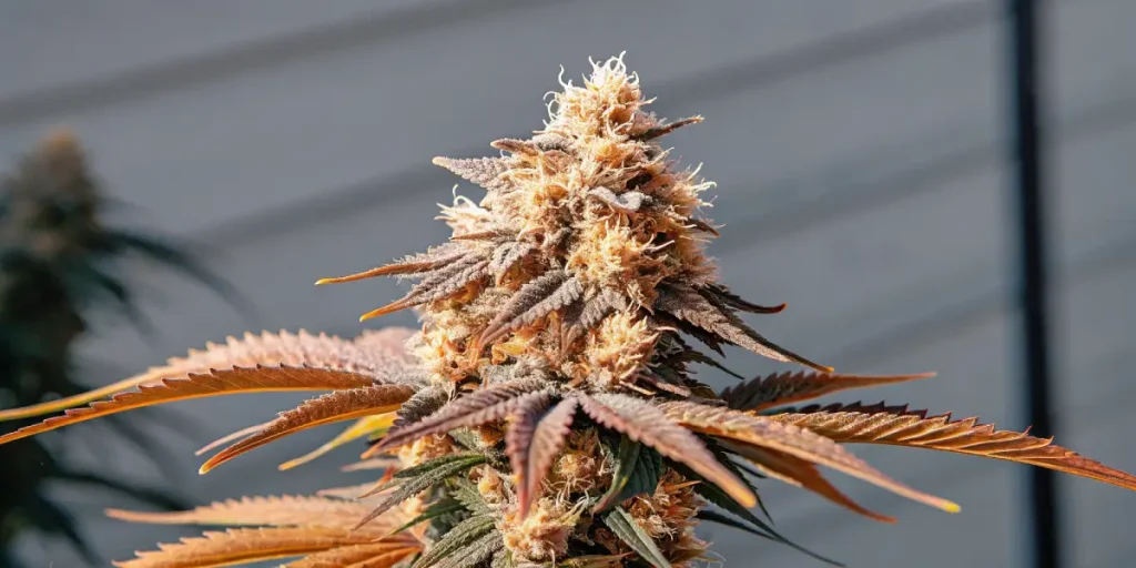 Tete de cannabis resineuse avec pistils orange en exterieur.