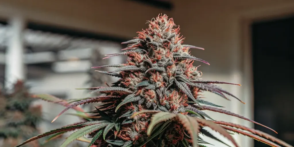 Tete de cannabis aux pistils rouges et forte production de resine.