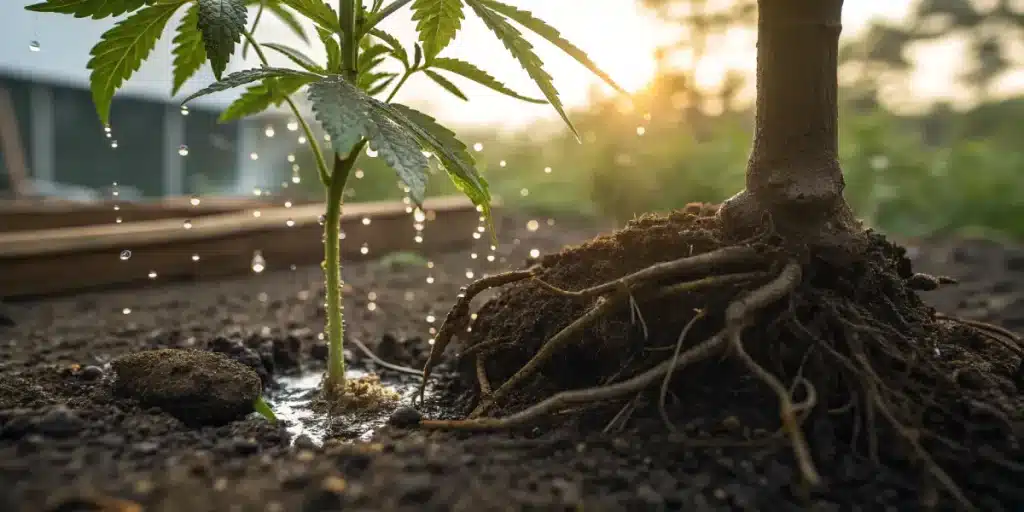racines de cannabis avec gouttes d’eau et sol humide