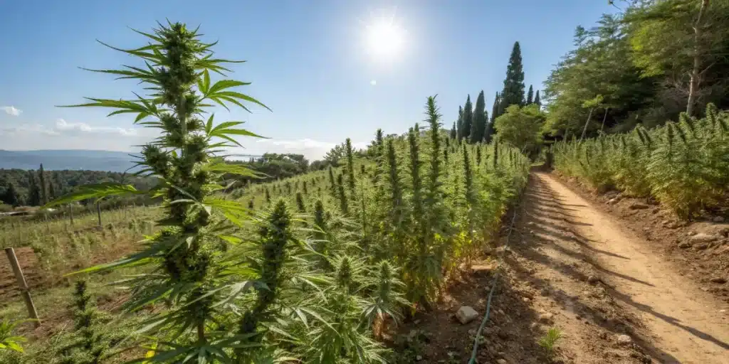 Champ de cannabis cultivé en extérieur le long d’un chemin rural.