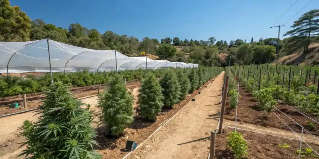 Champ de cannabis cultivé en extérieur près de serres agricoles.