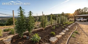 Plants de cannabis Critical Sunset Auto cultivés en extérieur au coucher du soleil.