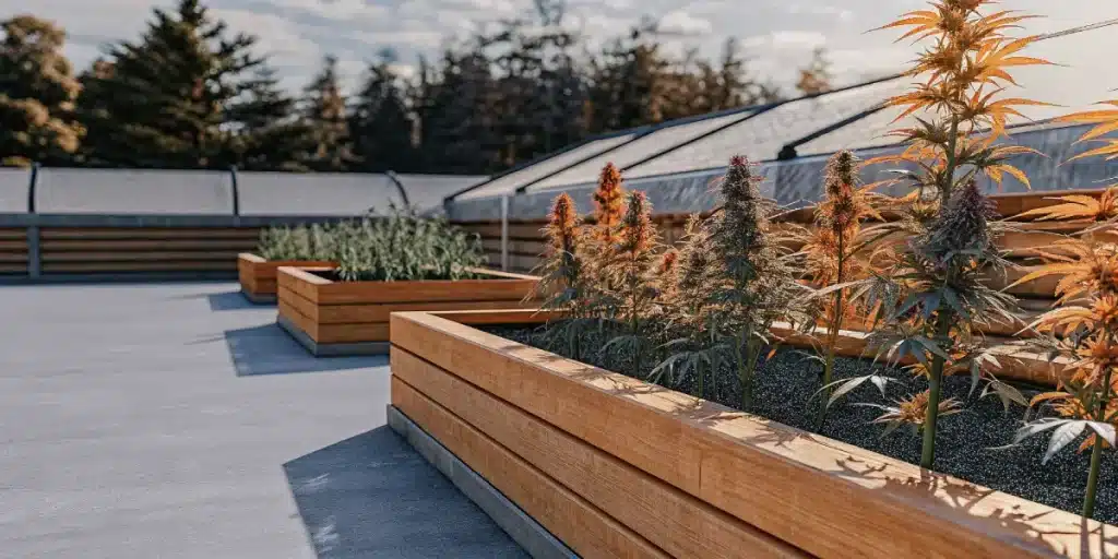 Plants de cannabis cultives en bacs en bois sur une terrasse ensoleillee.