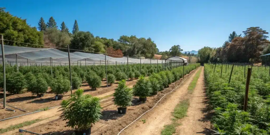 Champ de cannabis cultivé en extérieur avec rangées de plantes.