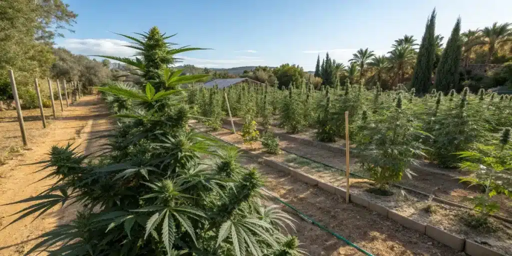 Champ de culture de cannabis en extérieur avec rangées de plantes.