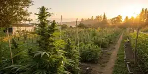 plantation de cannabis en extérieur au coucher du soleil avec rangées de plantes en floraison