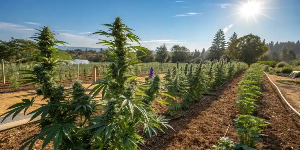 Champ de cannabis cultivé en extérieur avec rangées de plantes.