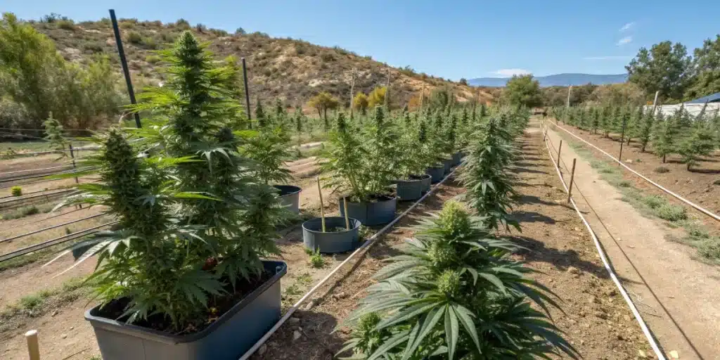Rangées de plants de cannabis cultivés en extérieur dans des pots.