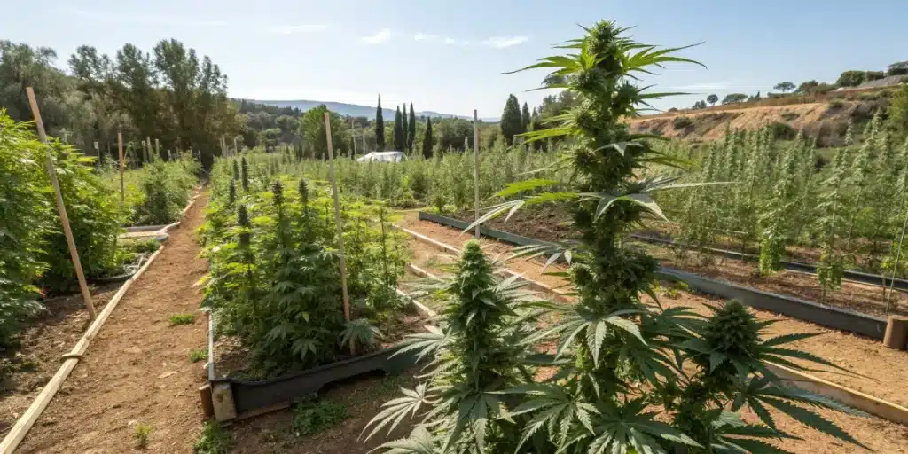 Plants de cannabis cultivés en rangées dans un jardin extérieur.