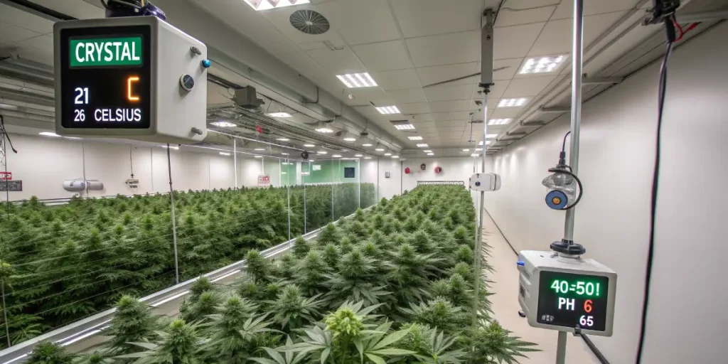 Salle de culture de cannabis avec capteurs de température et pH.
