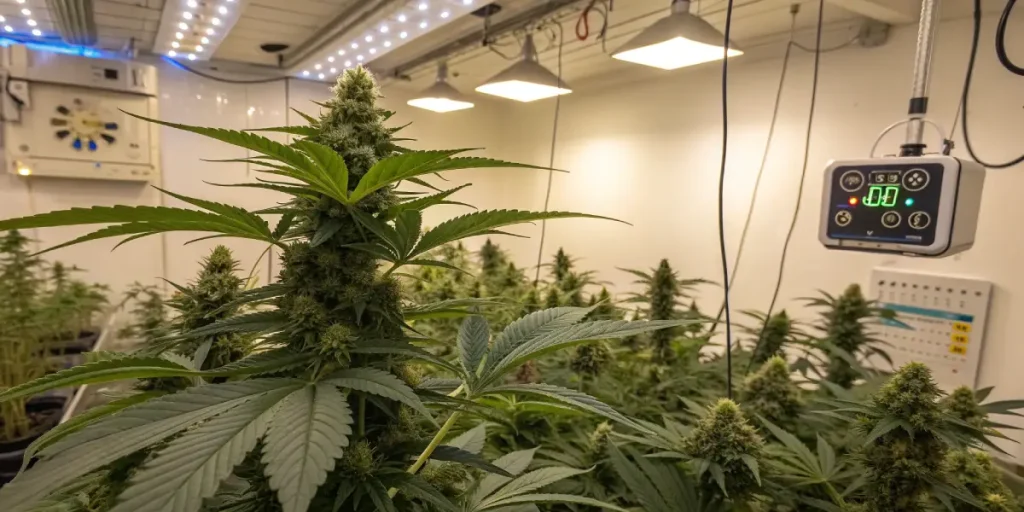 Salle de culture de cannabis en intérieur avec capteurs et éclairage LED.