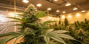 Plantes de cannabis en floraison dans une installation intérieure sous lampes LED.
