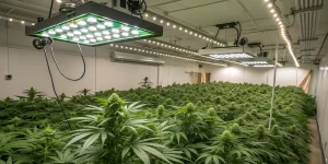 Grande installation de culture de cannabis en intérieur sous éclairage LED.