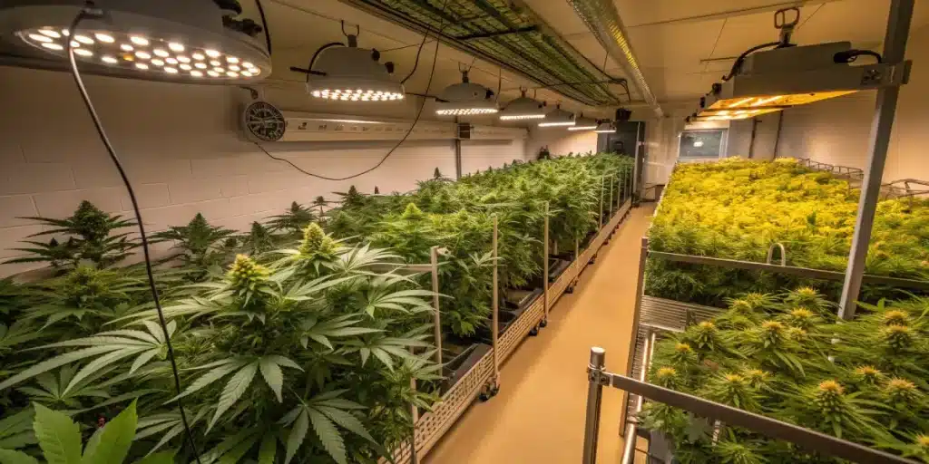 Installation professionnelle de culture de cannabis en intérieur sous lampes LED.