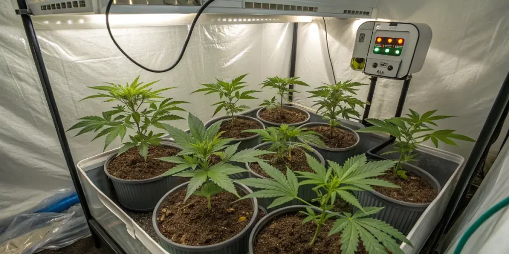Jeunes plants de cannabis cultivés en intérieur sous éclairage LED.