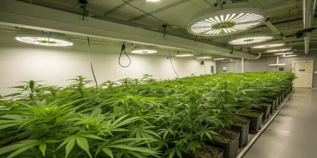 Plants de cannabis cultivés en intérieur sous lampes horticoles circulaires.