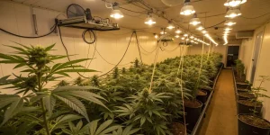 Salle de culture de cannabis en intérieur avec lampes de culture et rangées de plantes.