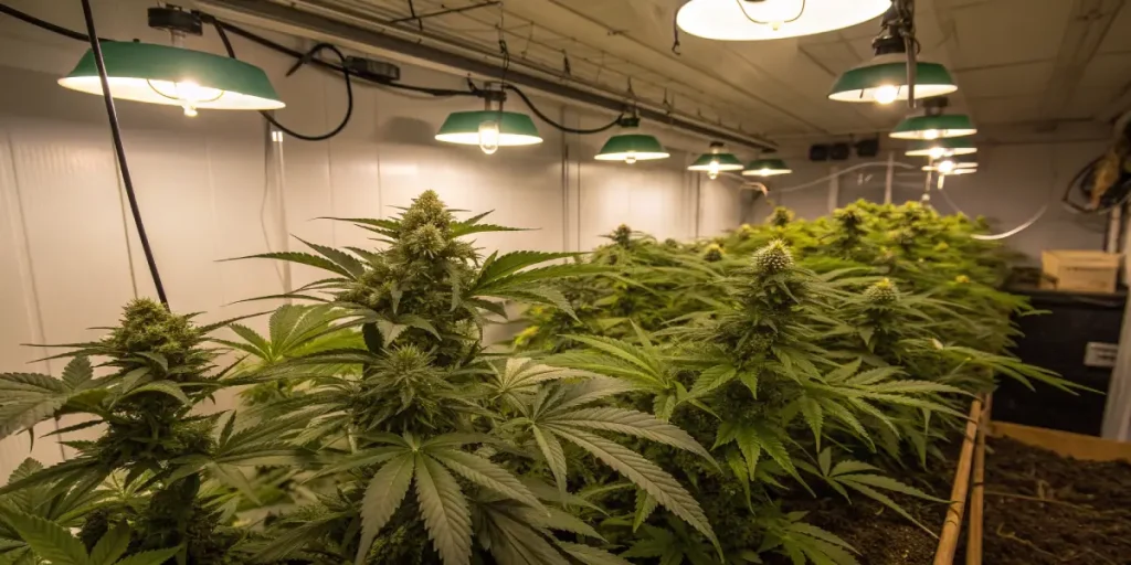 Plants de cannabis cultivés en intérieur sous éclairage horticole suspendu.