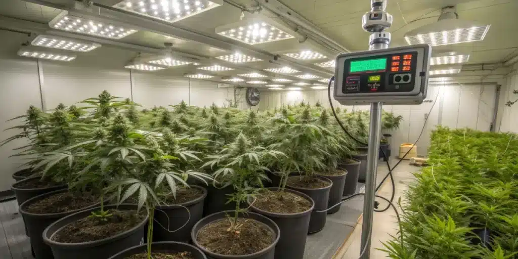 Salle de culture de cannabis en intérieur avec éclairage LED et système de contrôle.