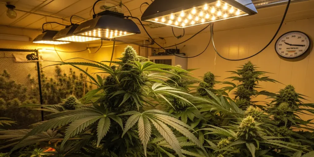 Plantes de cannabis en floraison sous lampes LED dans une salle de culture intérieure.
