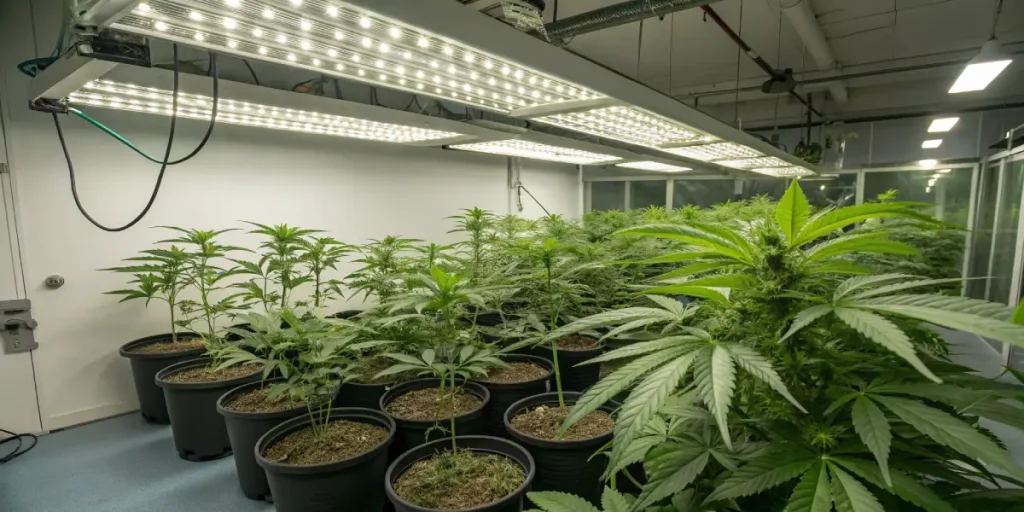 Plants de cannabis cultivés en intérieur sous lampes LED horticoles.