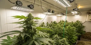 Salle de culture de cannabis en intérieur avec lampes LED horticoles.