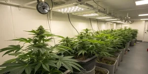 Plants de cannabis cultivés en intérieur sous lampes LED horticoles.