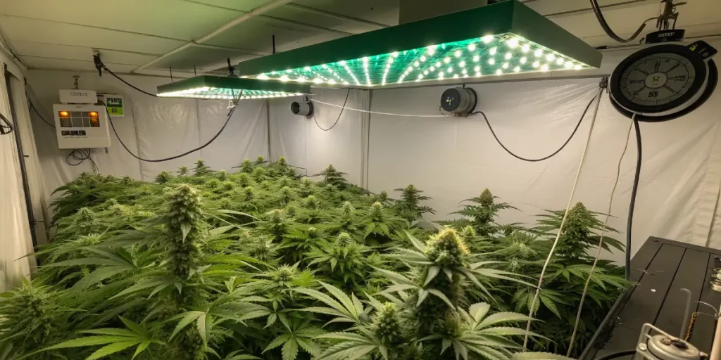 Champ de cannabis cultivé en extérieur le long d’un chemin rural.