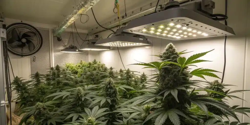 Salle de culture de cannabis en intérieur avec lampes LED et plantes en floraison.