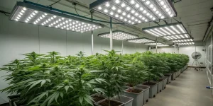 Salle de culture de cannabis en intérieur avec lampes LED et rangées de plantes.