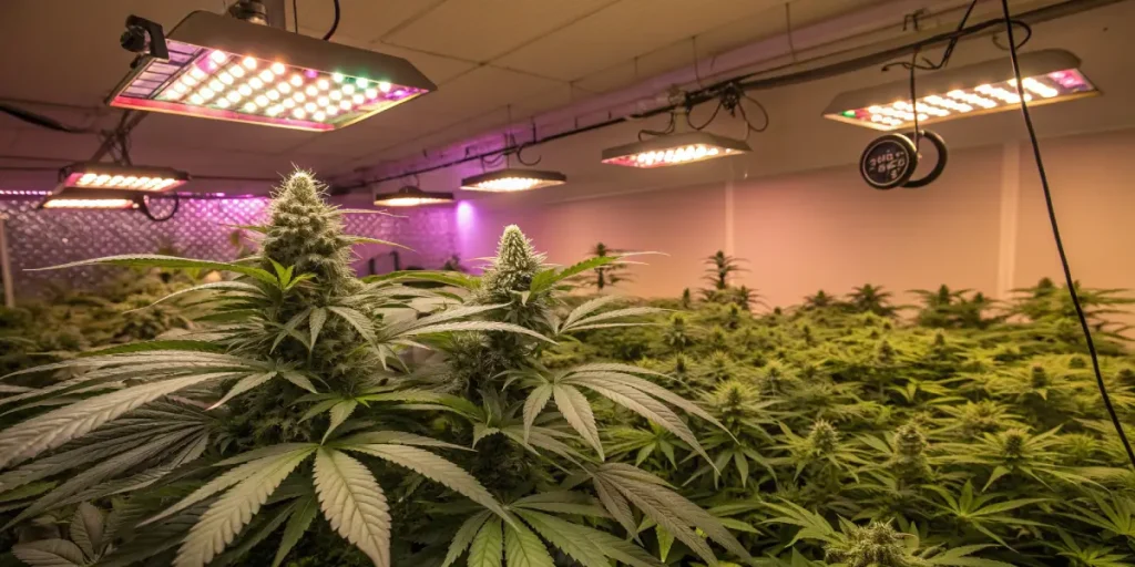 Culture de cannabis en intérieur sous lampes LED spectre complet.