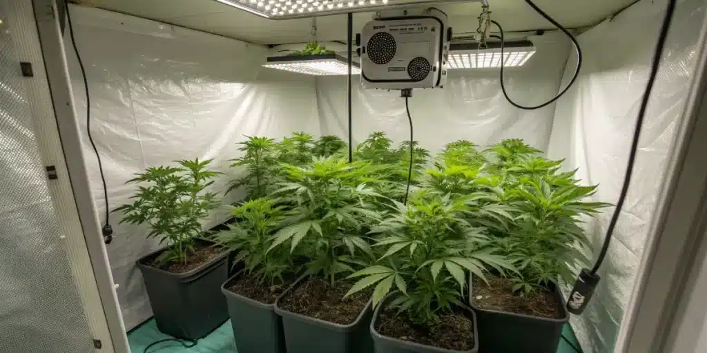 Culture de cannabis en intérieur avec éclairage LED et système de contrôle.