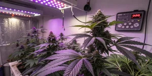 Plants de cannabis cultivés en intérieur sous éclairage LED violet.