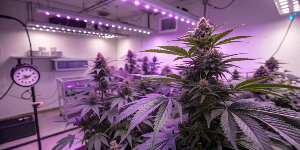 Installation de culture de cannabis en intérieur avec éclairage horticole violet.
