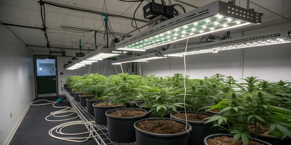 Culture de cannabis en intérieur avec rangées de pots sous lampes LED.