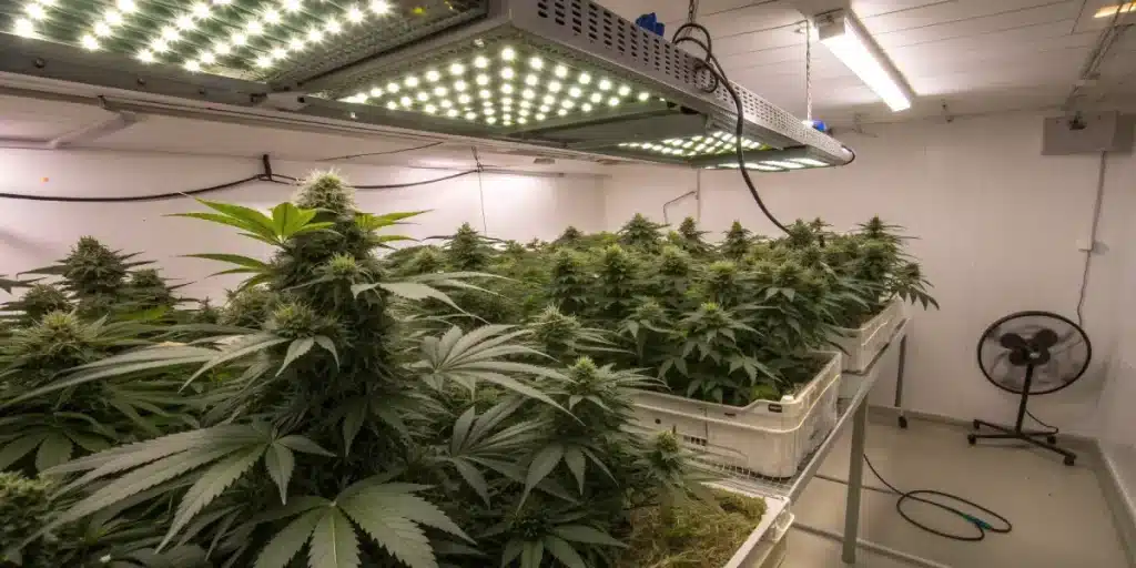 Plants de cannabis cultivés en intérieur sous panneaux LED.