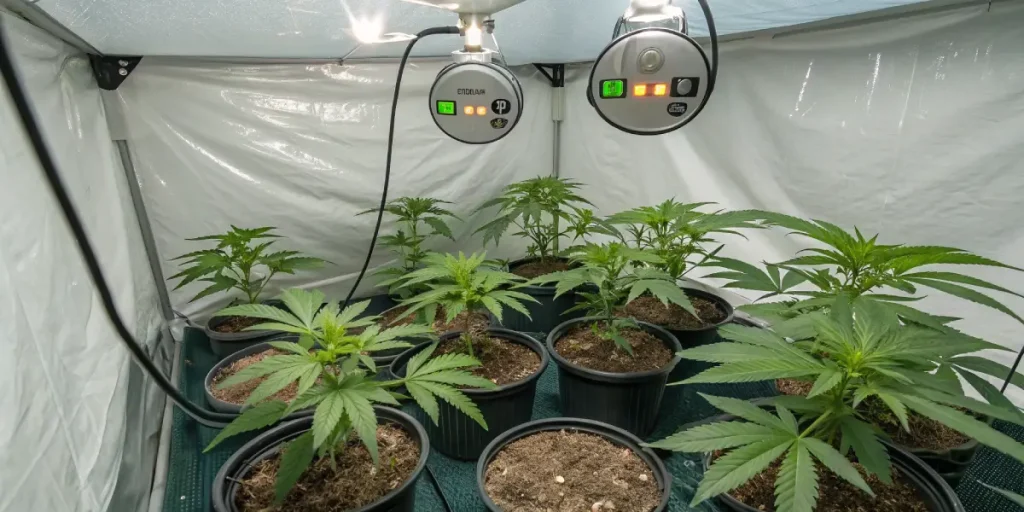 Jeunes plants de cannabis cultivés dans une tente de culture intérieure.