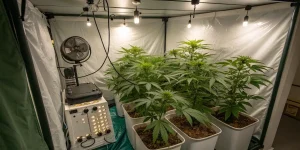 Tente de culture de cannabis en intérieur avec lampes et ventilation.