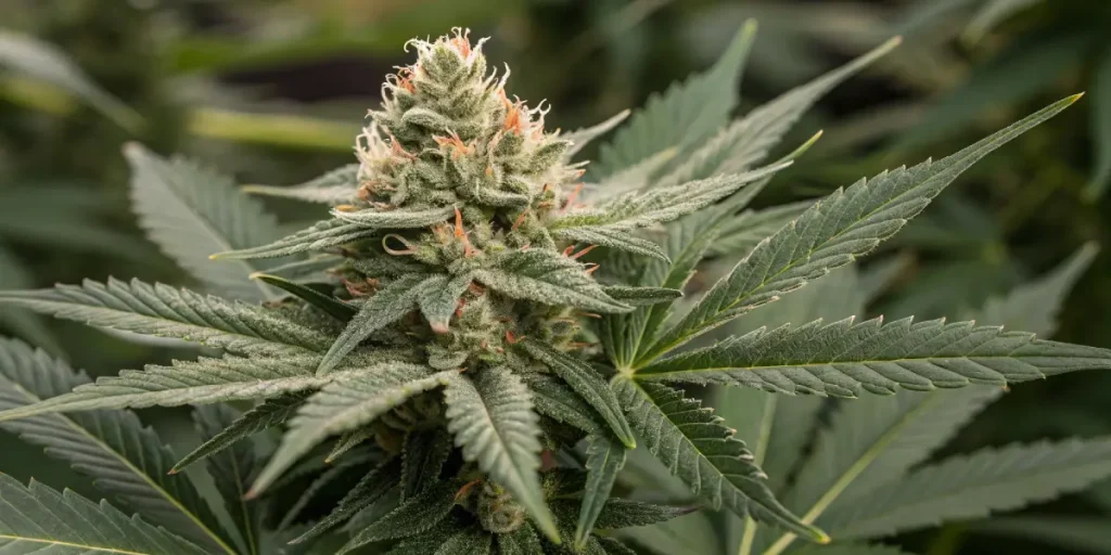 Gros plan sur une fleur de cannabis Deimos Auto en floraison.