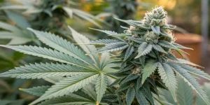 Fleur de cannabis mature avec trichomes visibles.