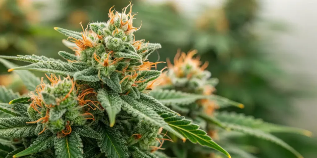 Gros plan sur une fleur de cannabis couverte de trichomes avec pistils orange.
