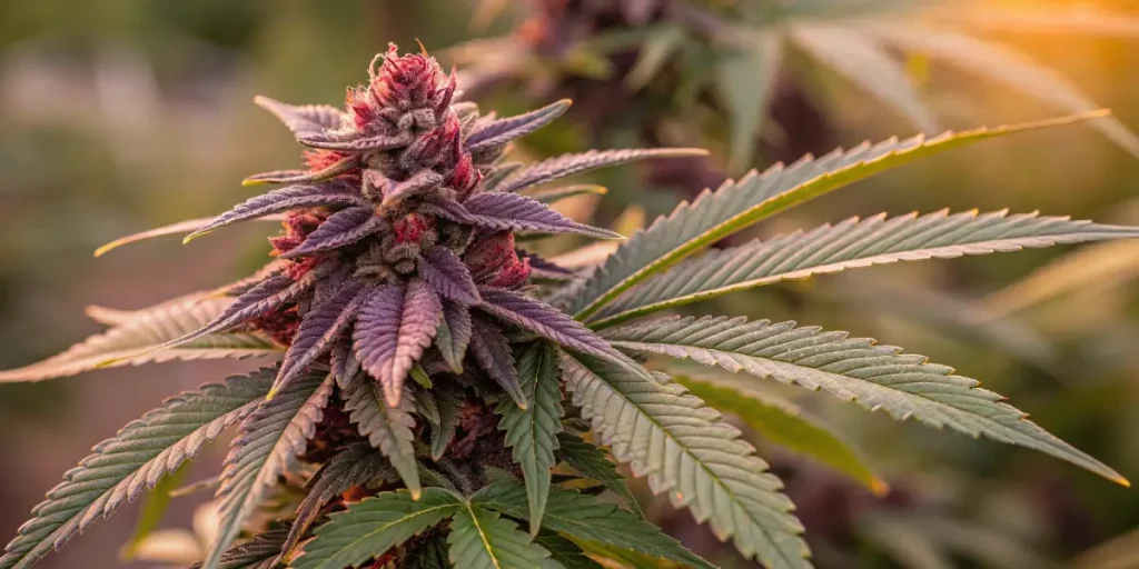 Fleur de cannabis violette en floraison éclairée par la lumière du coucher du soleil.