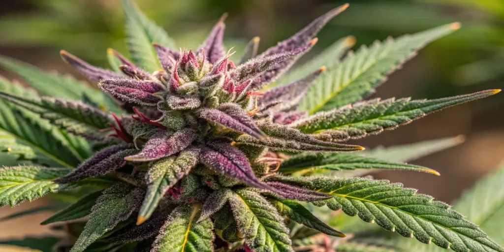 Fleur de cannabis violette avec trichomes visibles en gros plan.