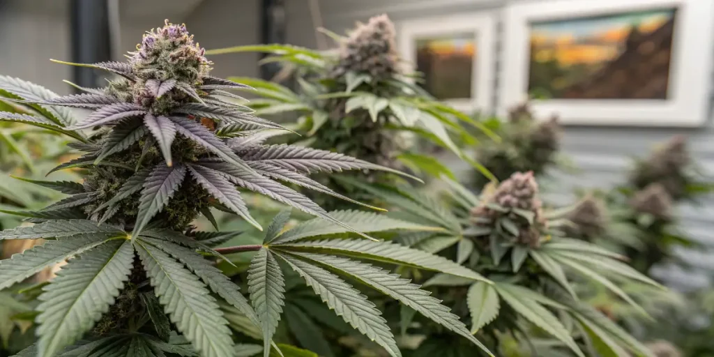 Fleurs de cannabis violettes mûrissant sur une plante cultivée en intérieur.