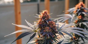 Fleur de cannabis aux feuilles violettes et pistils orange en exterieur.